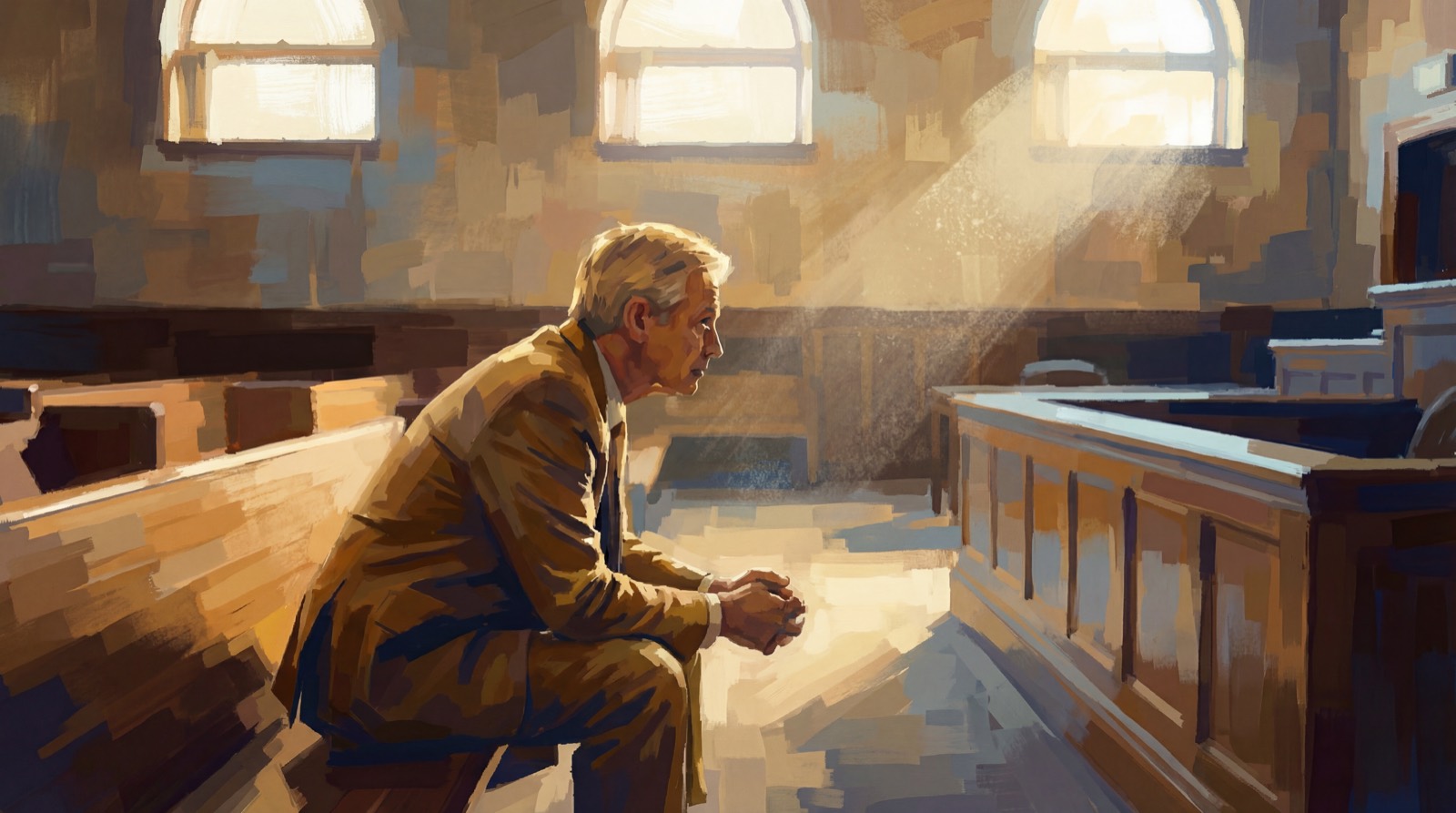 A litigator alone in a still courtroom, reading closely